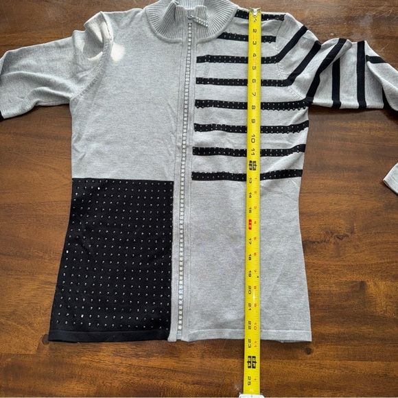 Belldini Black and Gray Stripe Zip Up Mock Neck Knit Sweater Petite Small PS - Picture 11 of 12